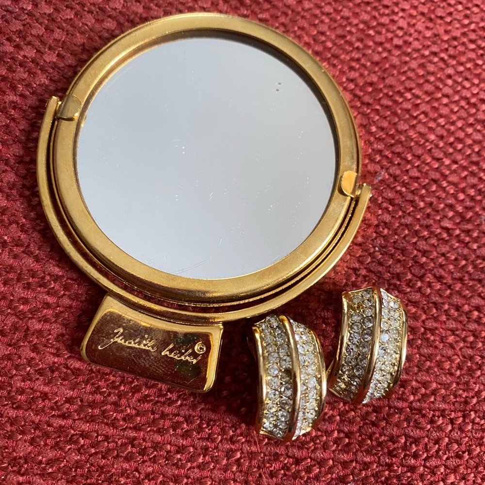 Vintage Dior and Judith Leiber Gold mirror and rhinestone Earrings Set